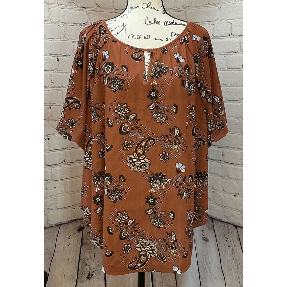 NEW Lane Bryant Women’s Brown Floral Bubble Sleeve Notch Neck Blouse (Size 18/20